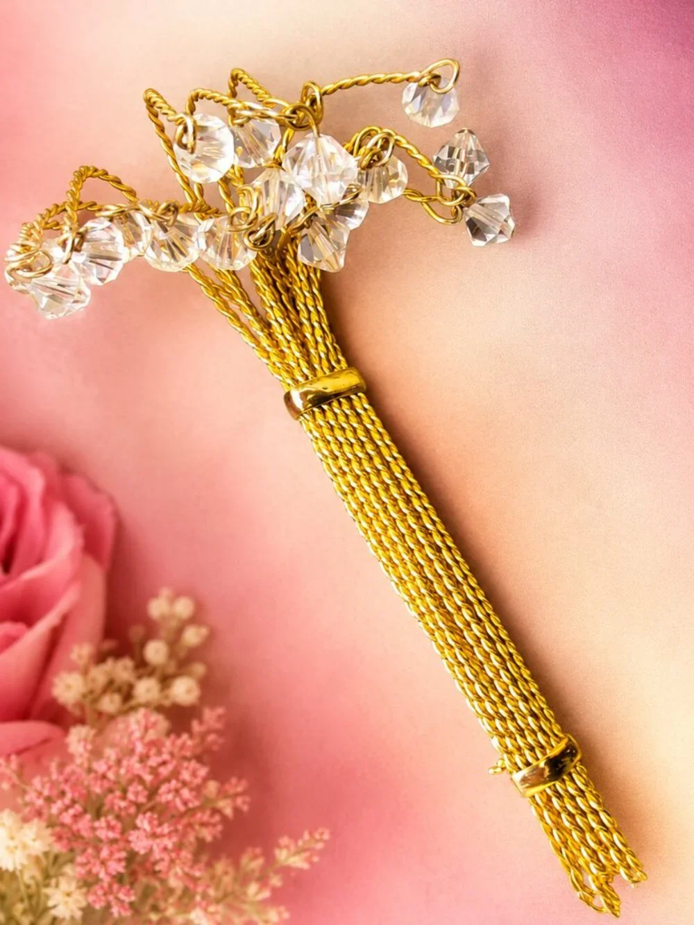 VINTAGE Fountain Spray Brooch: Gold Plate Crystal Dangle Statement Jewelry